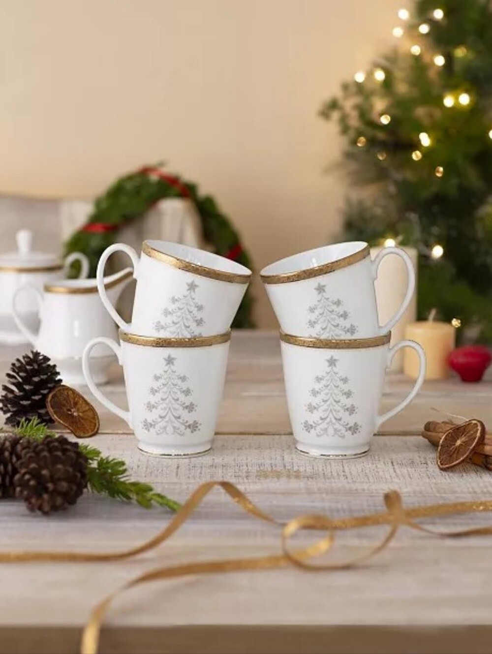 Noritake Charlotta Gold Set of 4 Holiday Tree Mugs, 12 oz.